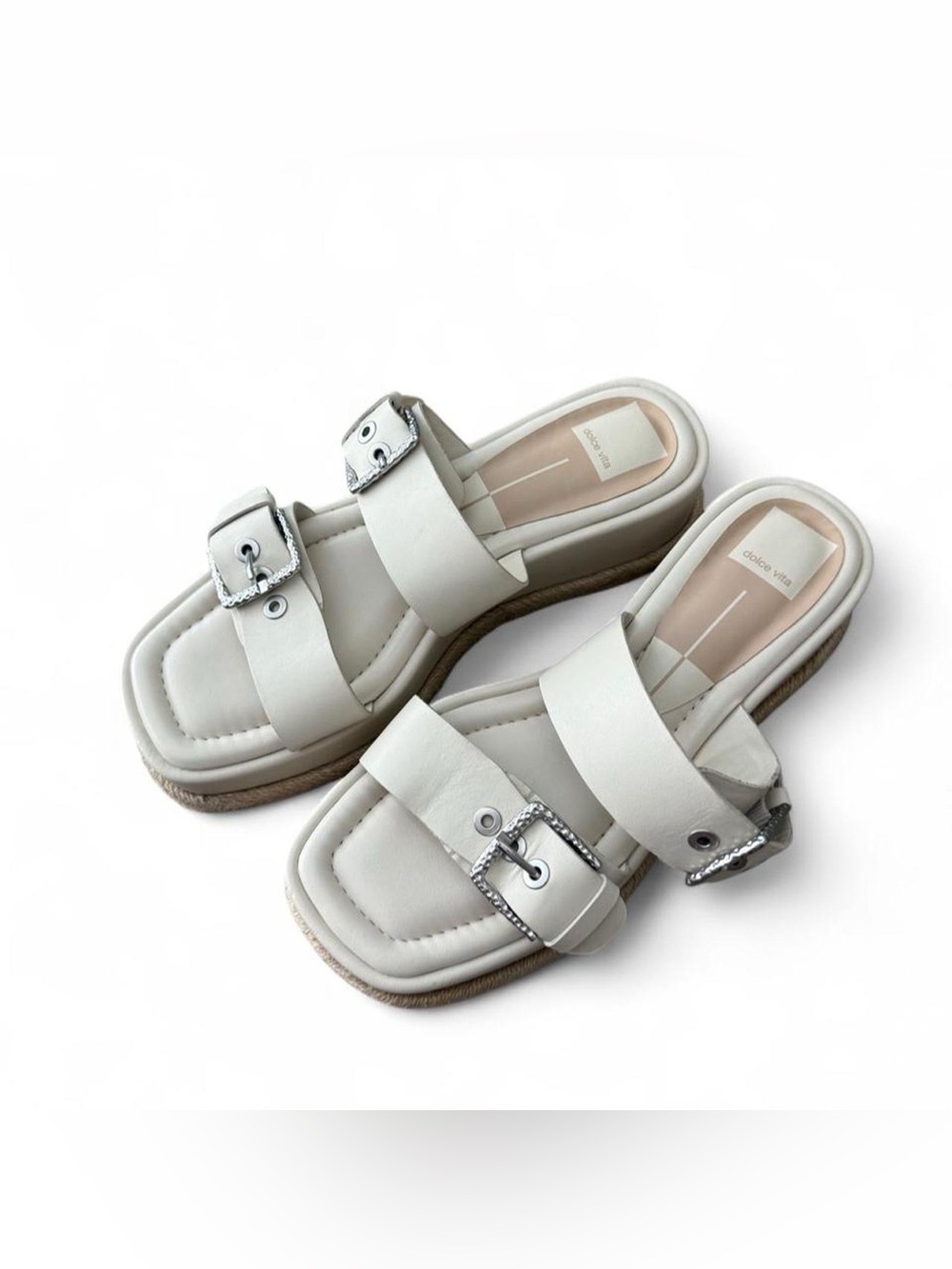 Dolce Vita Women's Cream Silver Real Leather Buckle Platform Sandals Size 8